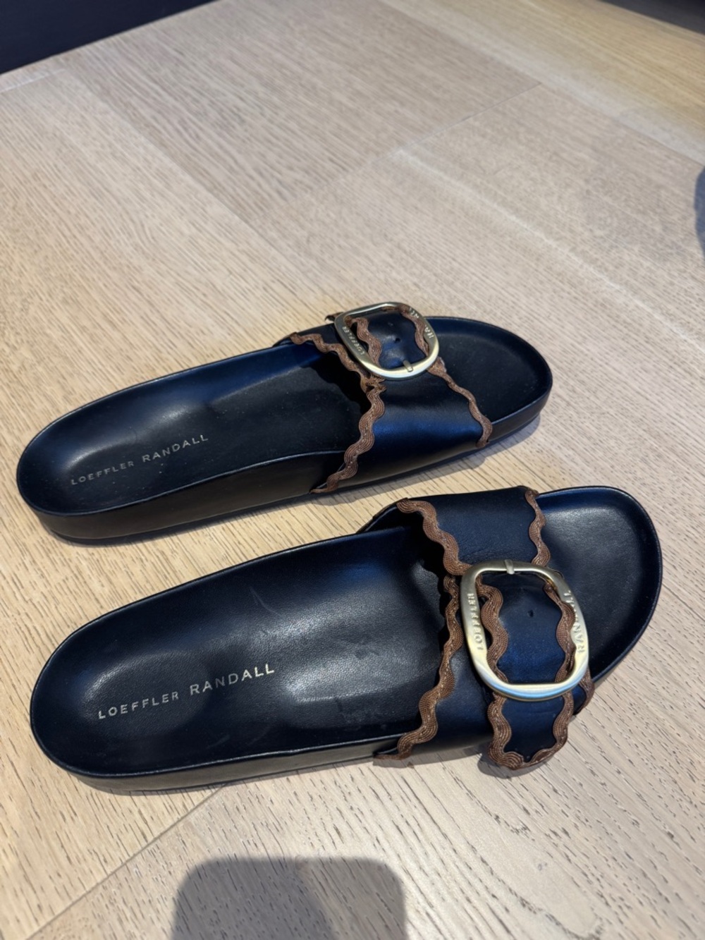 Loeffler Randall Leather Slide Sandals with Brown Scalloped Trim (Worn once)